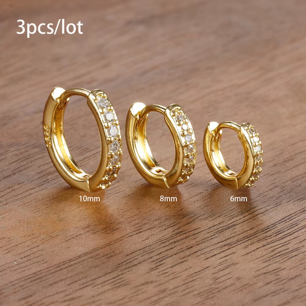 3‑Piece Tiny Crystal Hoop Earrings – Minimalist Gold Stainless Steel Cartilage Hoops for Women
