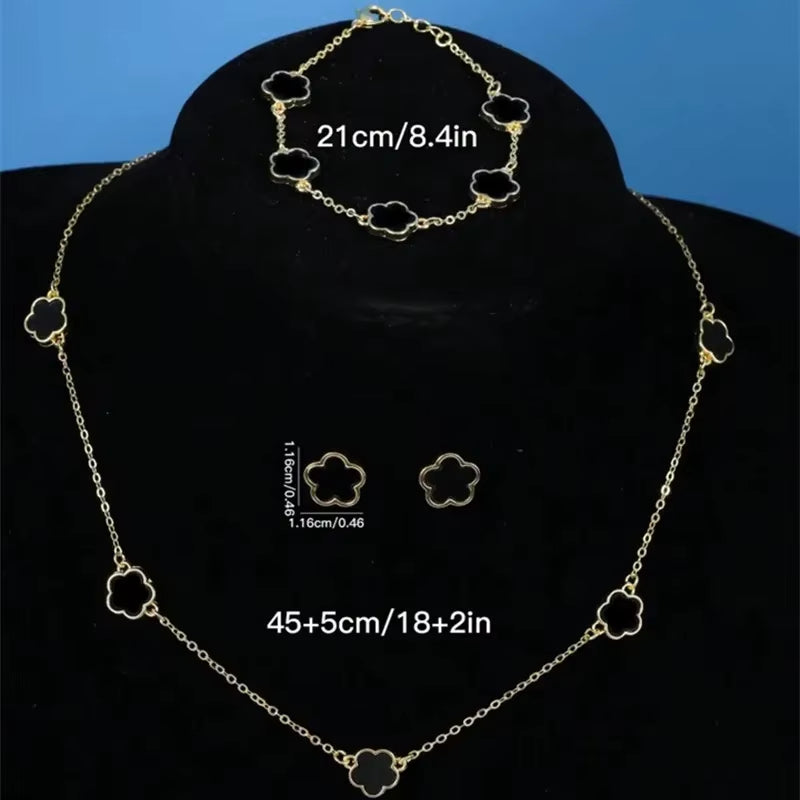 Lucky Five‑Petal Clover Jewelry Set – Necklace, Bracelet & Earrings (3‑Piece Set)
