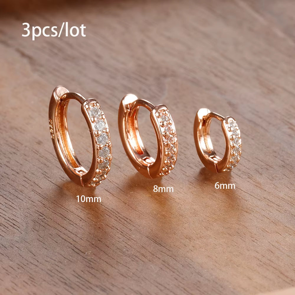 3‑Piece Tiny Crystal Hoop Earrings – Minimalist Gold Stainless Steel Cartilage Hoops for Women