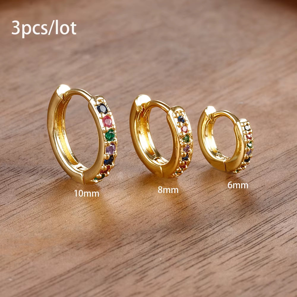 3‑Piece Tiny Crystal Hoop Earrings – Minimalist Gold Stainless Steel Cartilage Hoops for Women