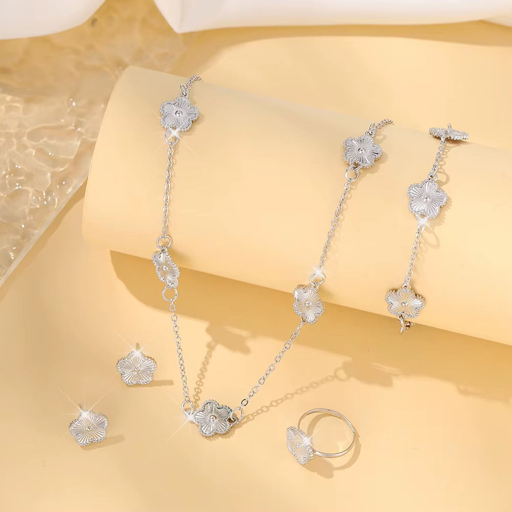 Lucky Five‑Petal Clover Jewelry Set – Necklace, Bracelet & Earrings (3‑Piece Set)